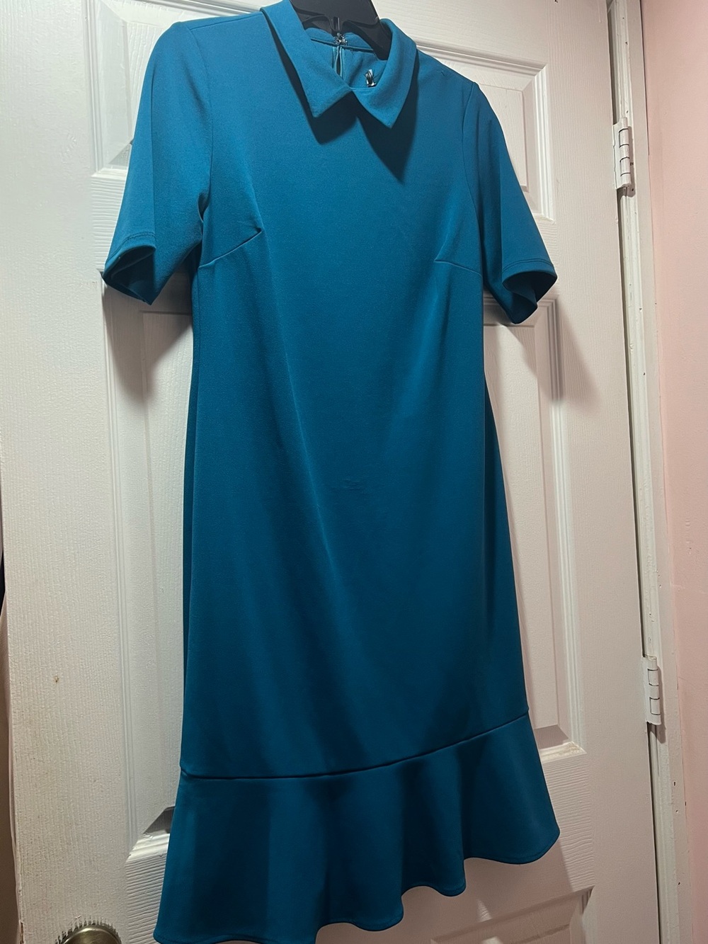 Teal Short-Sleeve Collared Ruffle-Hem Dress